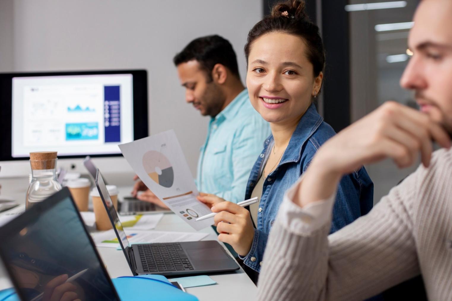 Collaborative budget review session with financial charts